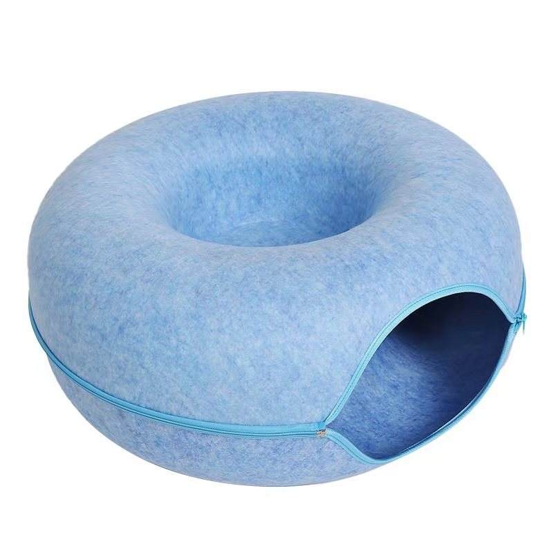 Wool felt donut cat tunnel bed in sky blue