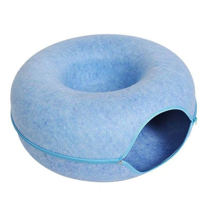 Wool felt donut cat tunnel bed in sky blue