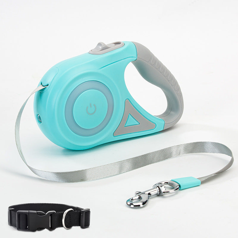 Retractable dog leash with LED spotlight and collar in green, 5m