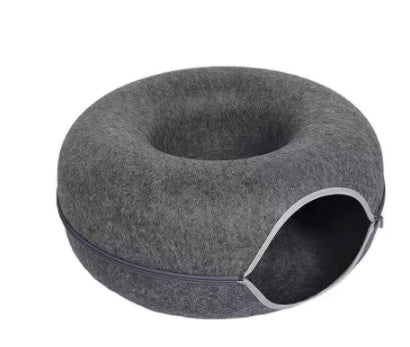 Wool felt donut cat tunnel bed in dark grey, alternative view