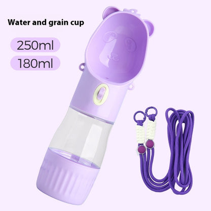 Portable dog water bottle with food container, purple
