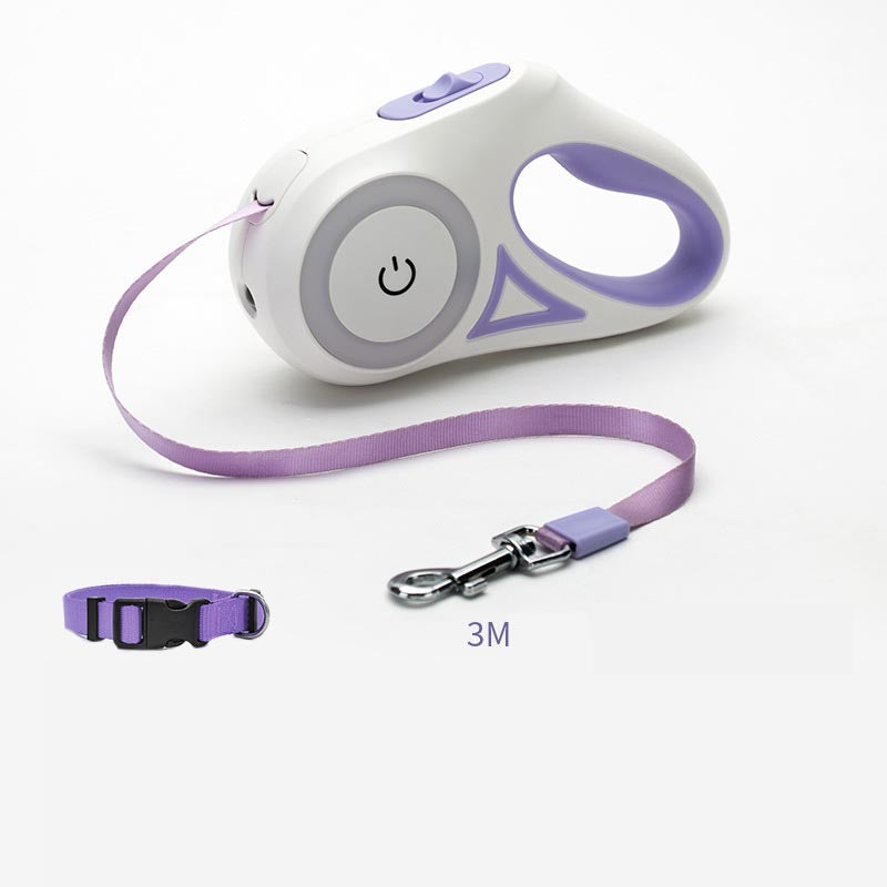 Retractable dog leash with LED spotlight and collar in purple, 3m