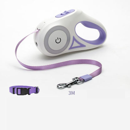 Retractable dog leash with LED spotlight and collar in purple, 3m