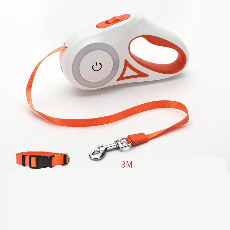 Retractable dog leash with LED spotlight and collar in orange, 3m