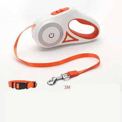 Retractable dog leash with LED spotlight and collar in orange, 3m