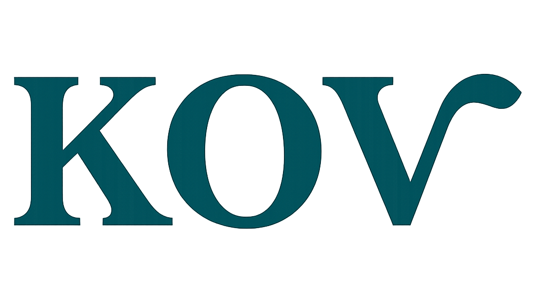 The teal serif letters 'kov' centered on a plain white background.