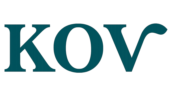 The teal serif letters 'kov' centered on a plain white background.