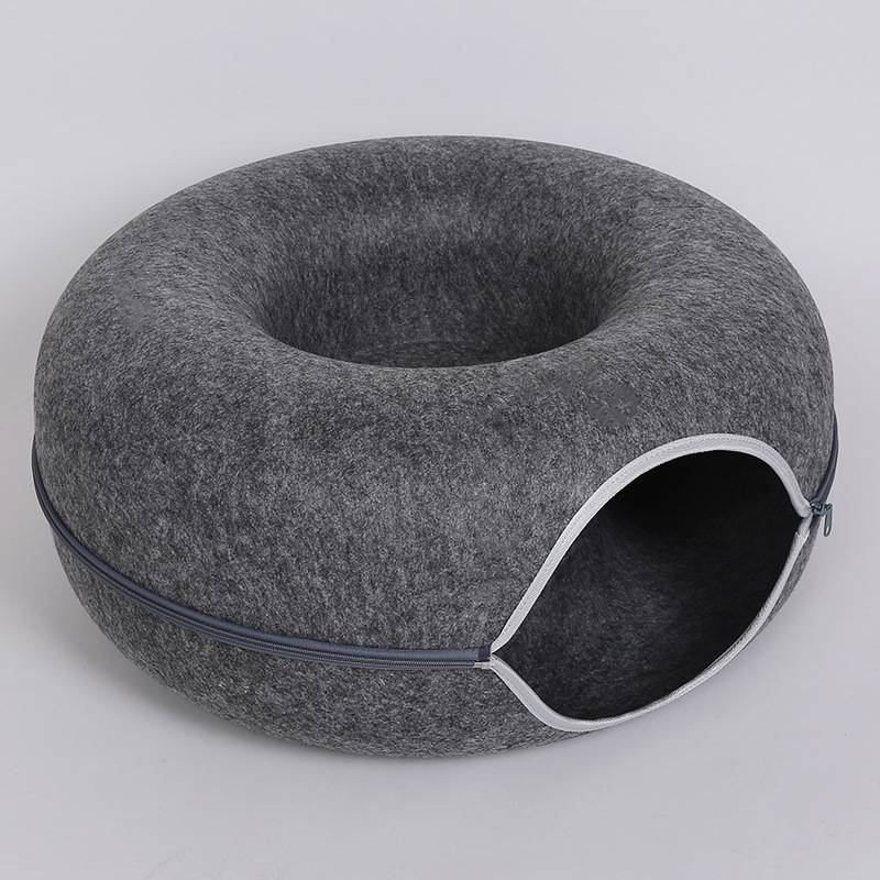 Wool felt donut cat tunnel bed in dark grey