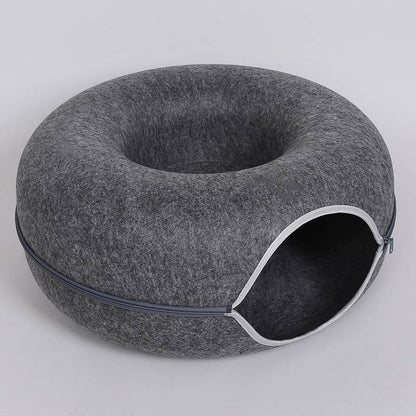 Wool felt donut cat tunnel bed in dark grey