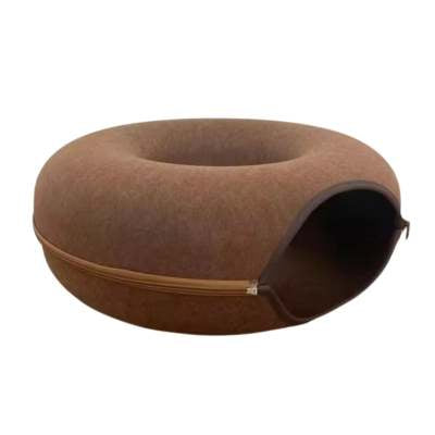 Wool felt donut cat tunnel bed in brown