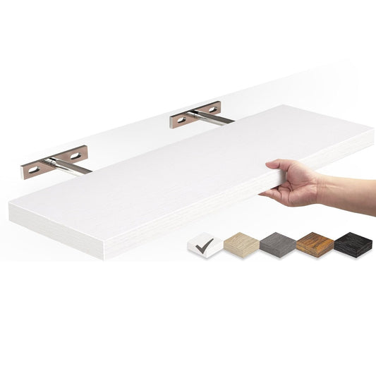 Solid wood floating wall shelf with hidden bracket mount