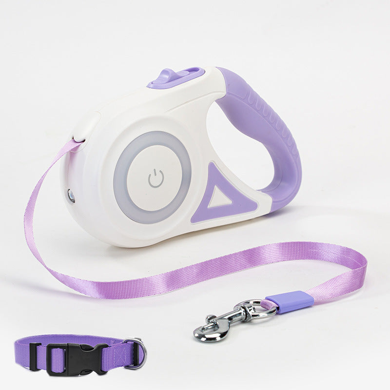 Retractable dog leash with LED spotlight and collar in purple, 5m