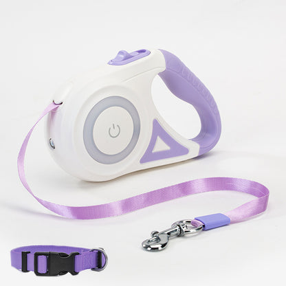 Retractable dog leash with LED spotlight and collar in purple, 5m