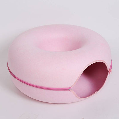 Wool felt donut cat tunnel bed in pink