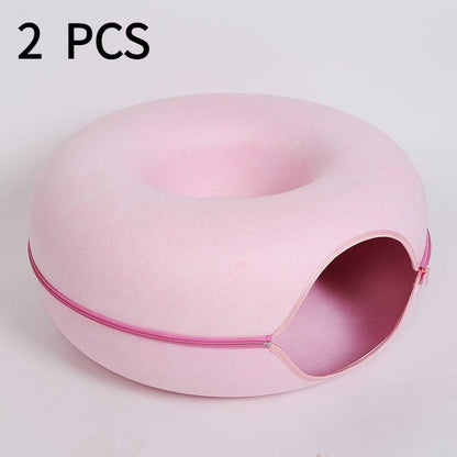 Wool felt donut cat tunnel bed in pink, two-pack