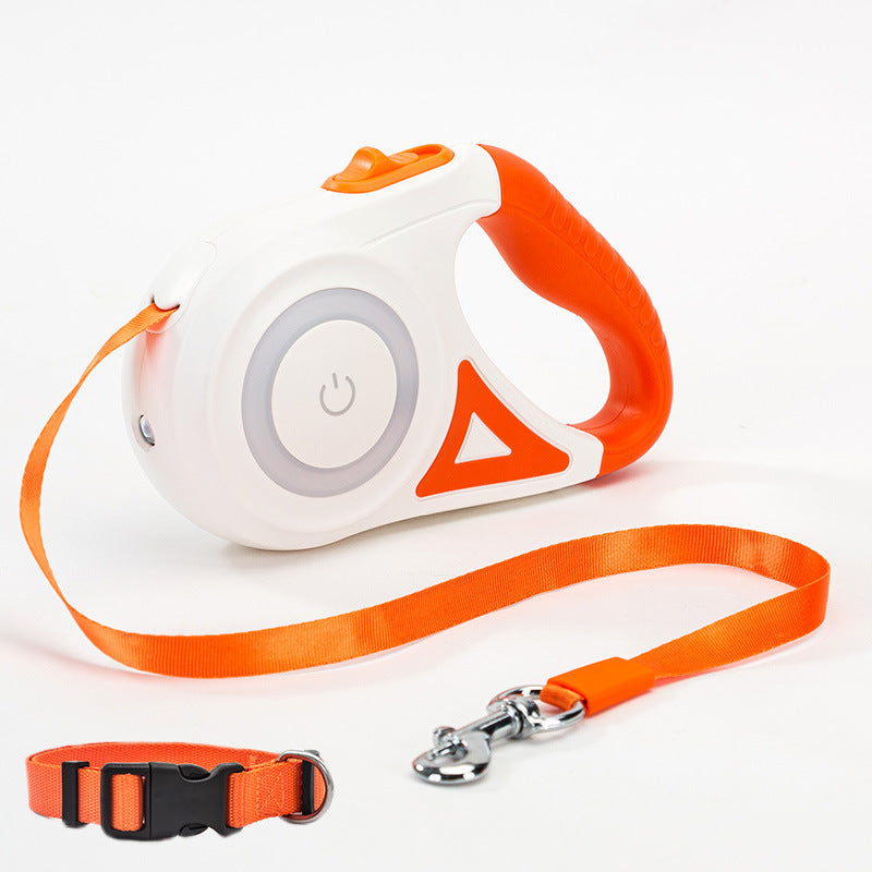 Retractable dog leash with LED spotlight and collar in orange, 5m