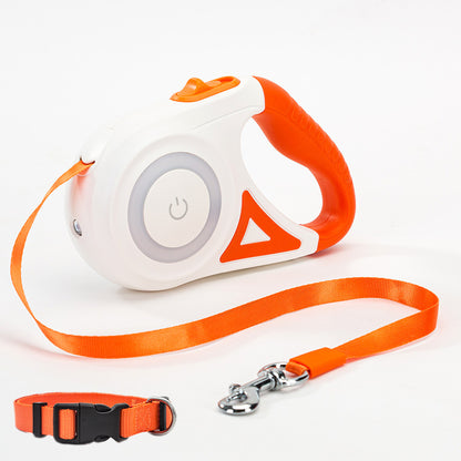 Retractable dog leash with LED spotlight and collar in orange, 5m