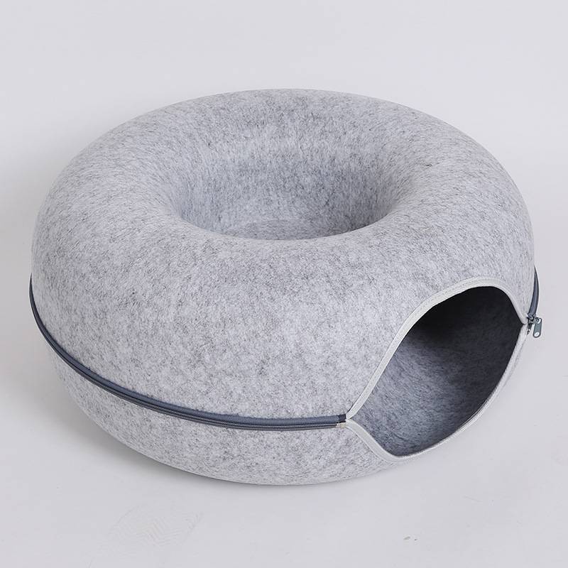 Wool felt donut cat tunnel bed in light grey