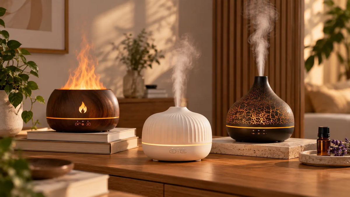 Aroma diffusers releasing mist in a warm living room